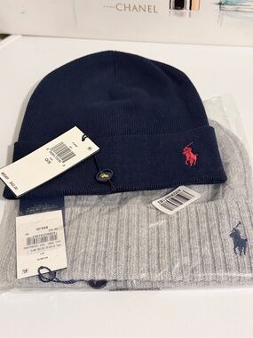 Signatue Ralph Lauren Cotton Knit Navy Beanie & Cashmere Gray Beanie